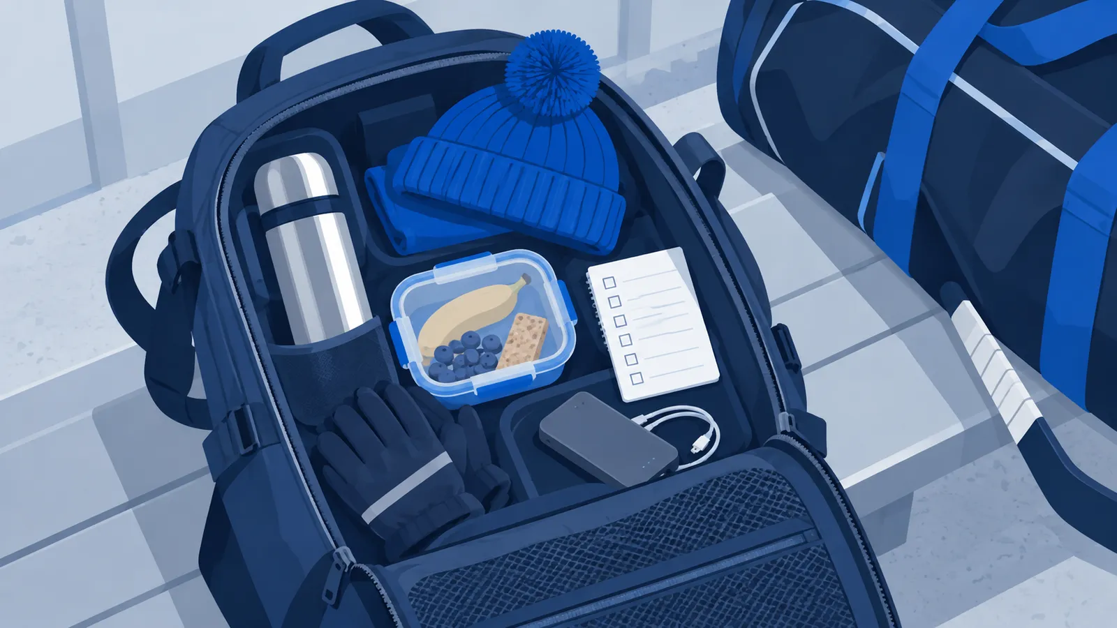 Illustration: Ein geöffneter Rucksack mit Thermoskanne, Mütze, Handschuhen, Snackdose, Powerbank und einer Checkliste, daneben eine Eishockeytasche.